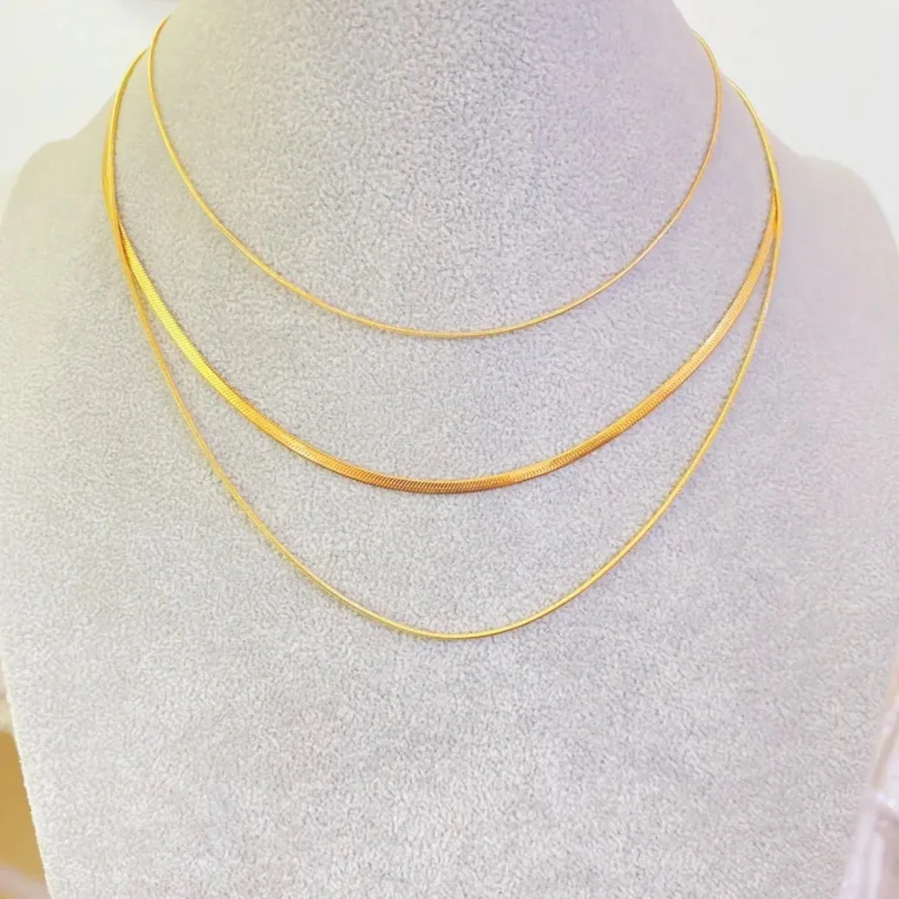 Titanium Steel Layered Herringbone & Snake Chain Tri-Strand Necklace 18k Gold